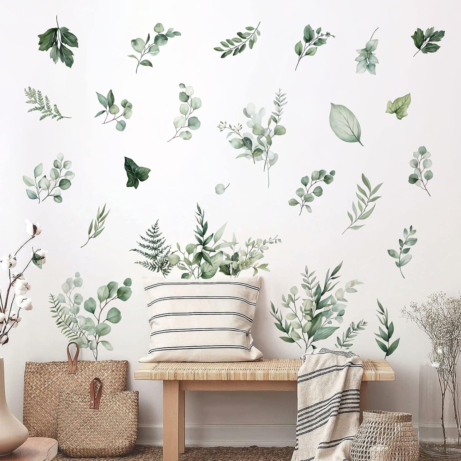 Botanical Leaves Wall Stickers Eucalyptus Leaf Plants Wall Art Decals Bedroom Living / B / Green