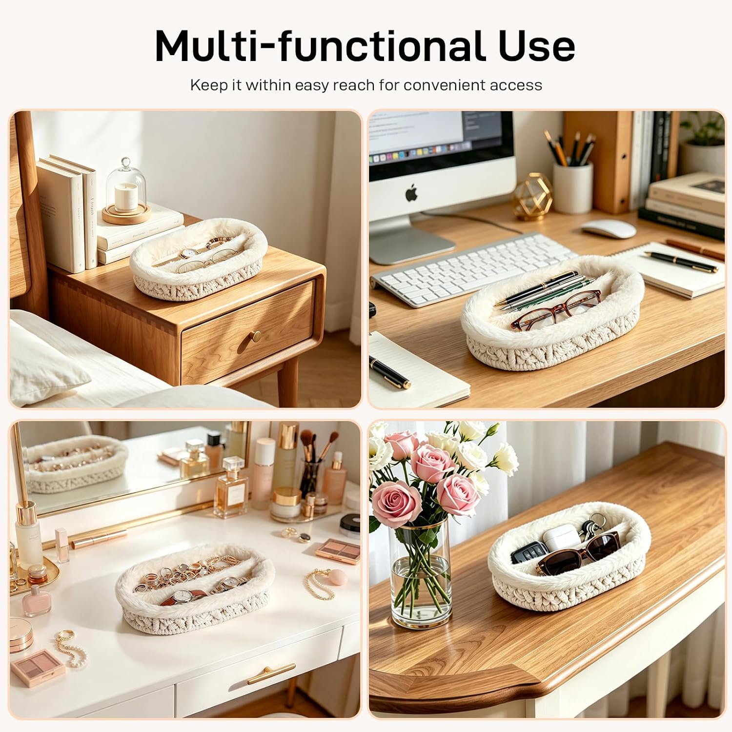 Glasses Holder / Eye-glasses Jewelry Tray for Nightstand Desk / Beige