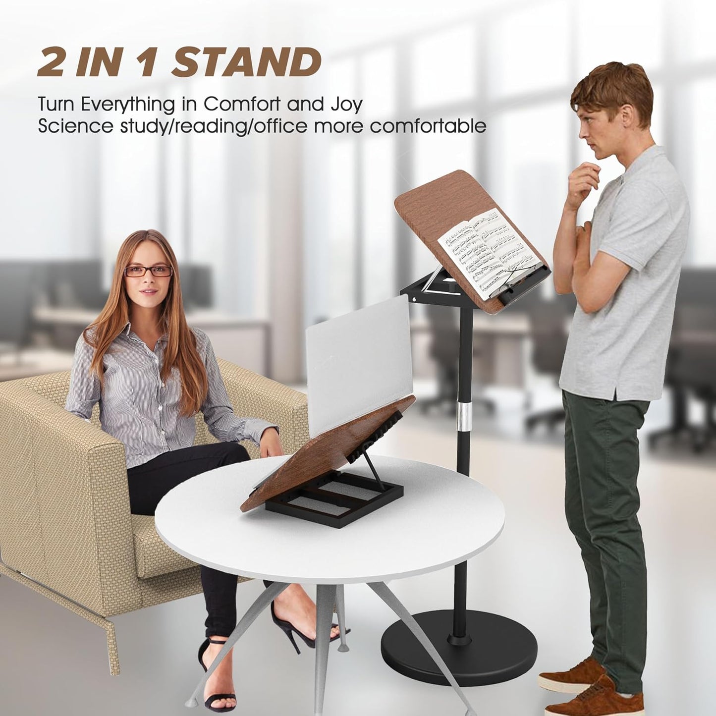 2 in 1 Adjustable Music Stand for Sheet Music, Dual Use Desktop and Floor, Book Stand with Tray & Elastic Page Clips