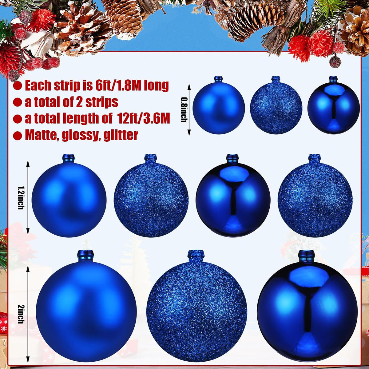 2 Pcs 6 ft Christmas Ball Ornament Garland, Navy Blue | Bauble Bulb Christmas Tree Ball Decoration Shatterproof