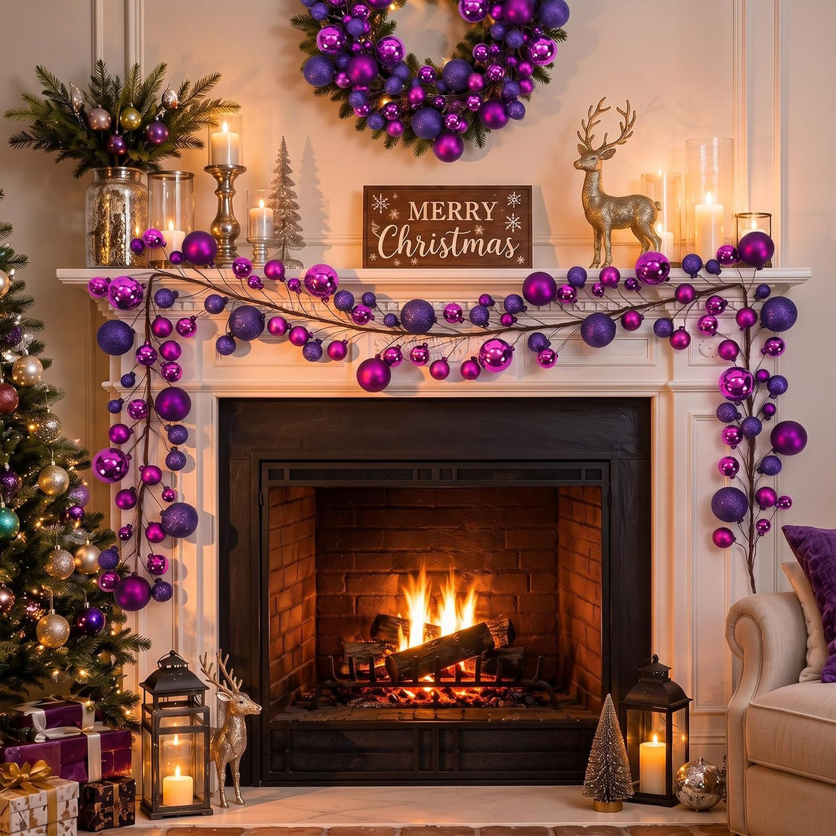 2 Pcs 6 ft Christmas Ball Ornament Garland, Dark Purple | Bauble Bulb Christmas Tree Ball Decoration Shatterproof