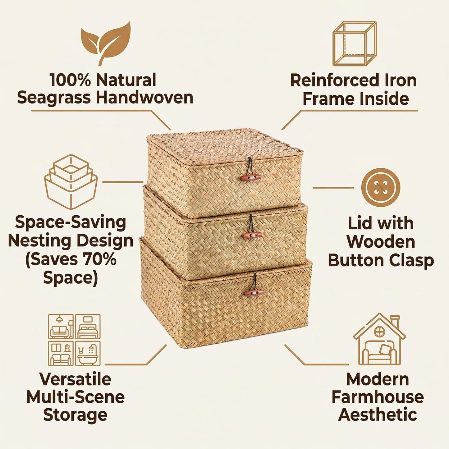 Square Seagrass Storage Bins / Set of 3