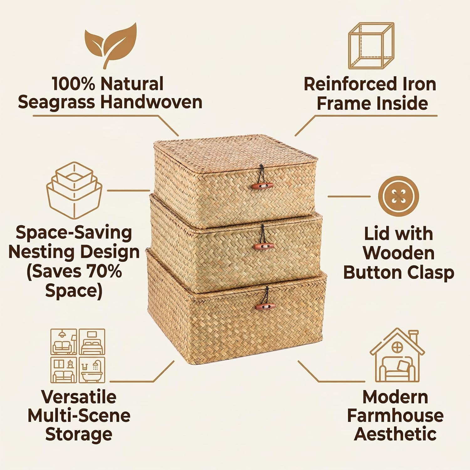 Square Seagrass Storage Bins / Set of 3
