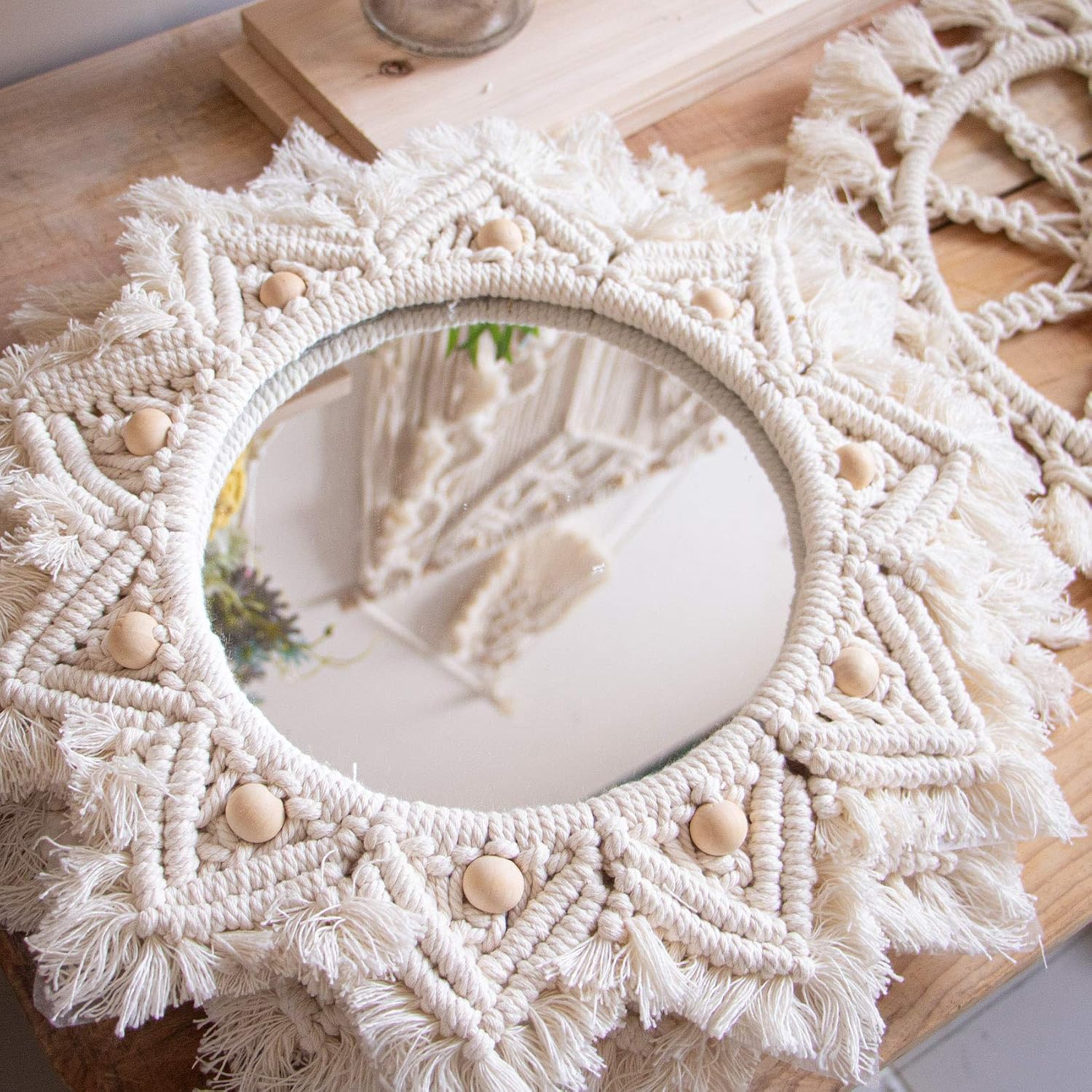 Boho Wall Decor Mirror Macrame Circle Hanging Mirror / White