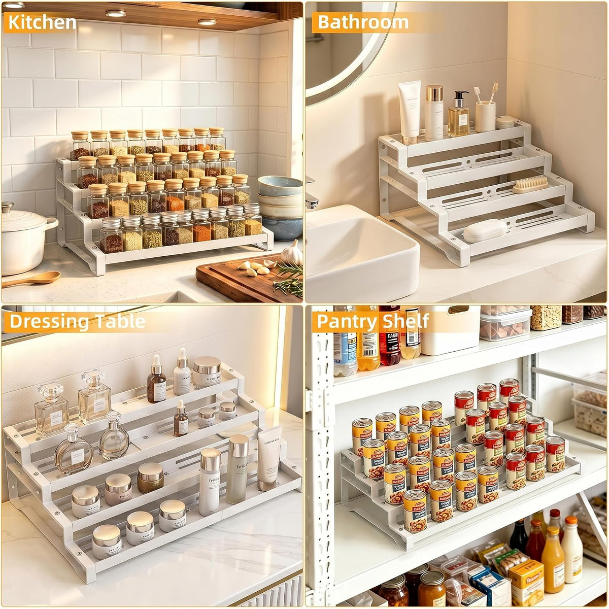 Spice Rack Organizer for Cabinet, 13-21.5" Expandable Spicy Shelf | 11.6" Depth 4-Tier White Metal Seasoning Organizer
