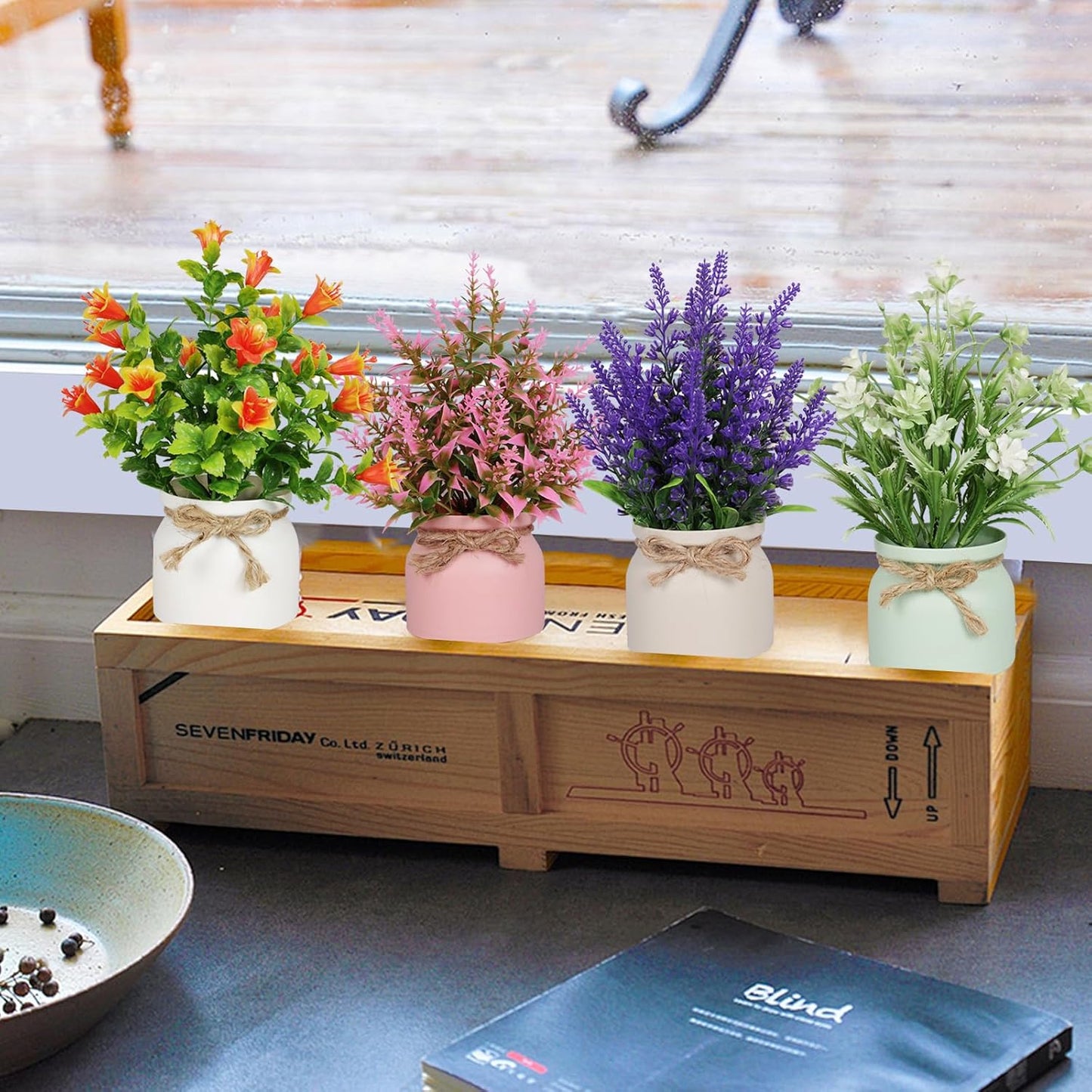 Artificial Pot Flowers Small Fake Plants / Set of 4