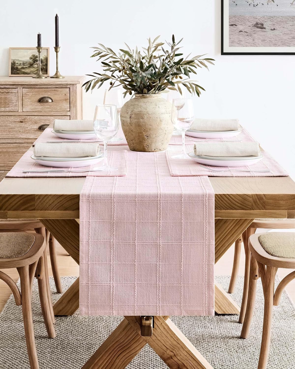 Linen Checked Farmhouse Placemats Set of 6, Pink 13x19in | Double Layer, Reversible, Thick Textured Table Mats, Raised