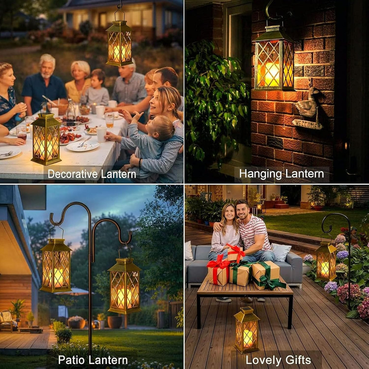 2 Pack 11" Medium Tempered Glass Solar Lanterns Outdoor Waterproof | Hanging Solar Lights with Flickering Flameless
