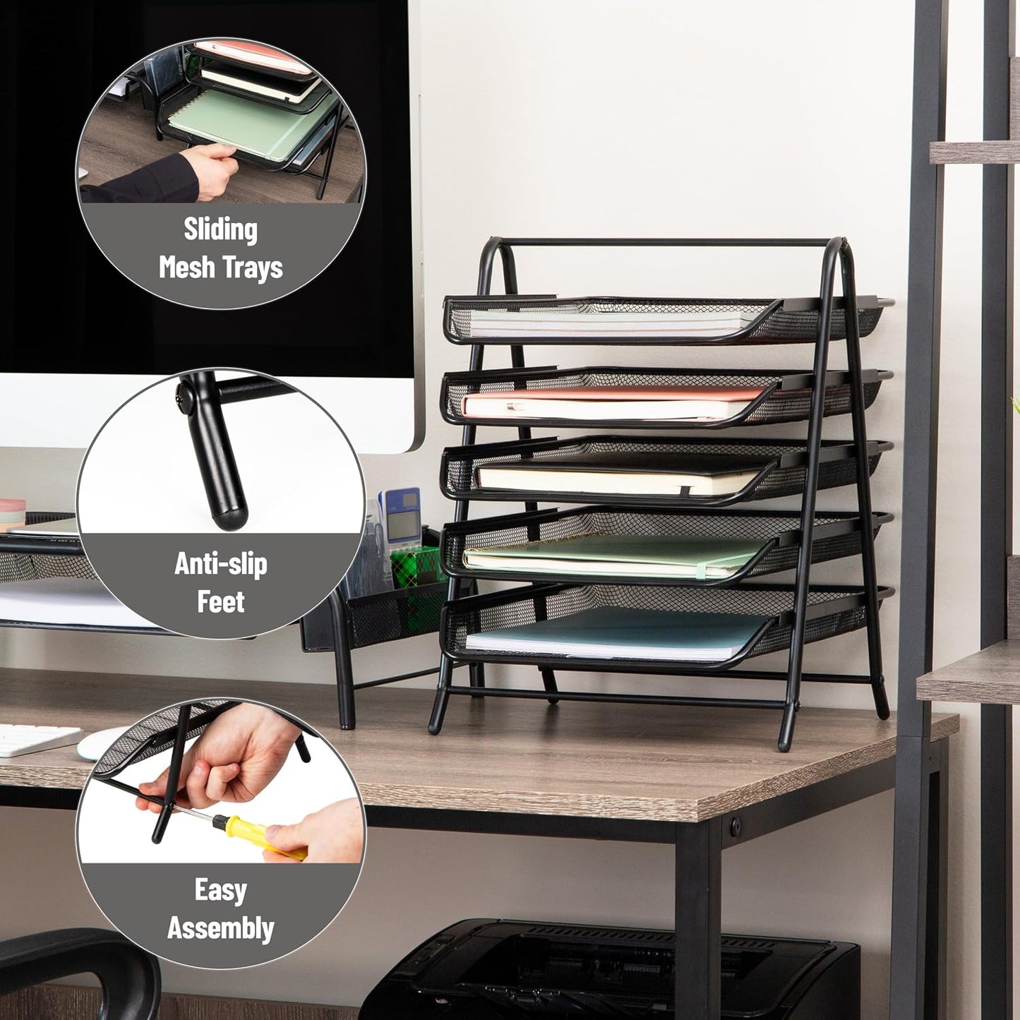 Mind Reader 5-Tier Paper Tray Organizer, Vertical Desktop File Storage Rack, Office, Metal Mesh, Black