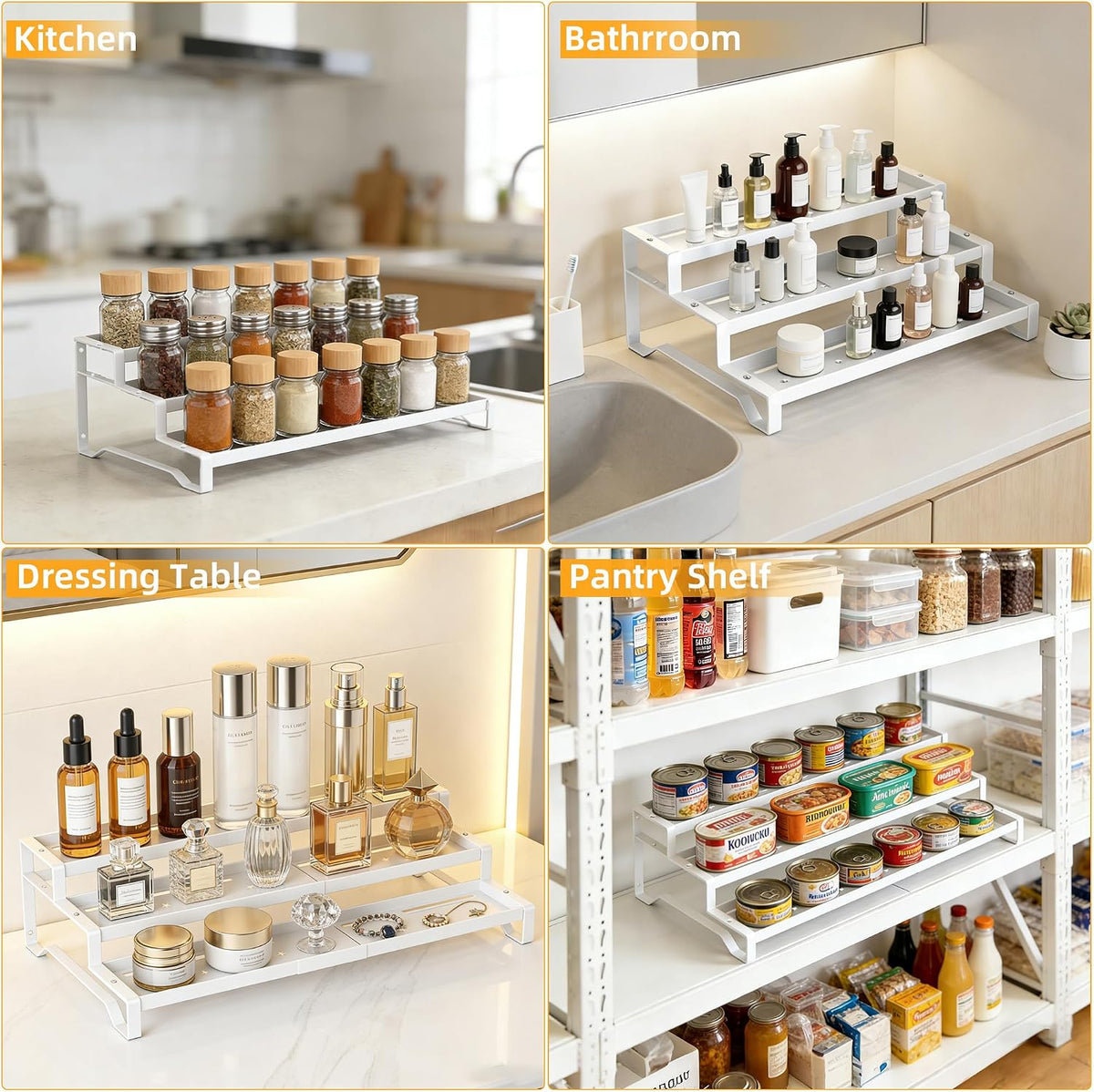 2 Pack Spice Rack Organizer for Cabinet, 13-21.5" Expandable Spicy Shelf | 9.45" Depth 3-Tier White Metal Seasoning