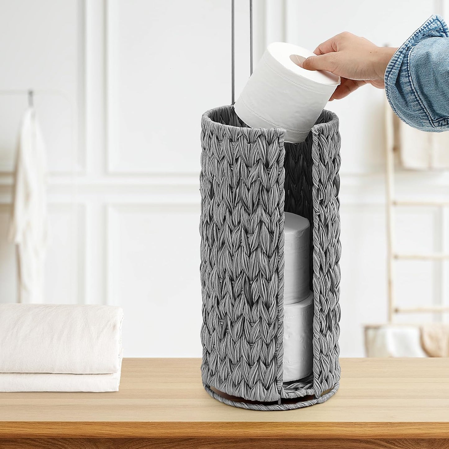 Toilet Paper Holder Stand with Lid Free Standing Storage for Bathroom Grey | Wciker, Water Hyacinth, 3 Rolls of Toilet