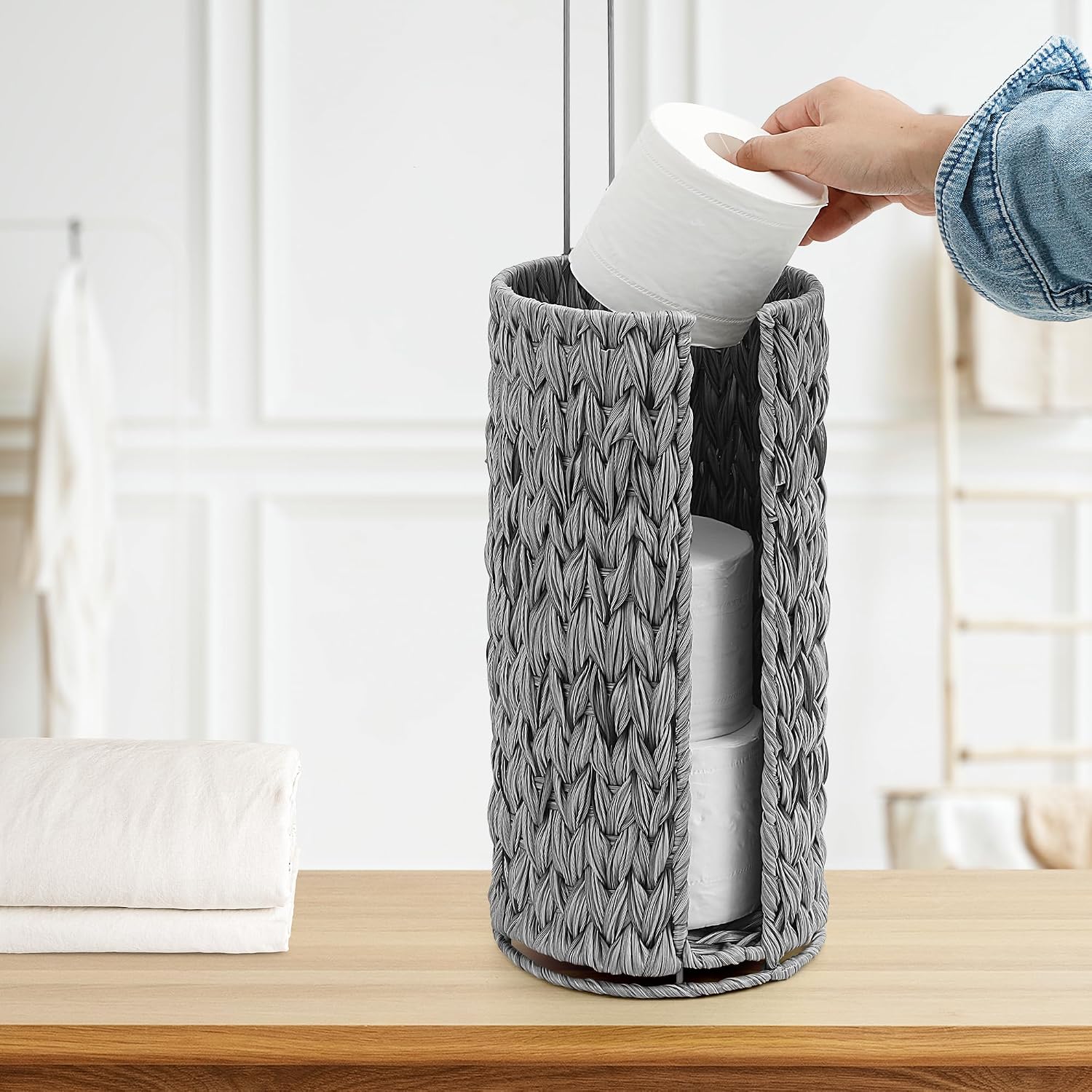 Toilet Paper Holder Stand with Lid Free Standing Storage for Bathroom Grey | Wciker, Water Hyacinth, 3 Rolls of Toilet