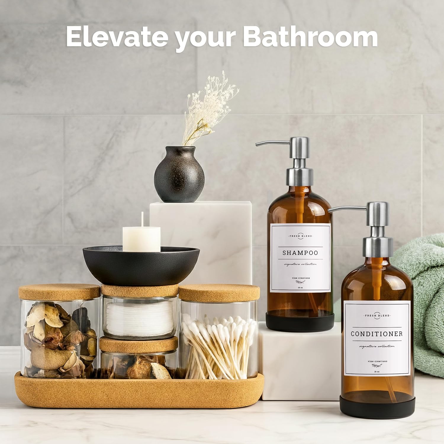 Vine Creations Amber Glass Soap Dispenser, 2 Pack Kitchen Soap Dispenser Set with Stainless Steel Pump, 16 oz Hand Soap