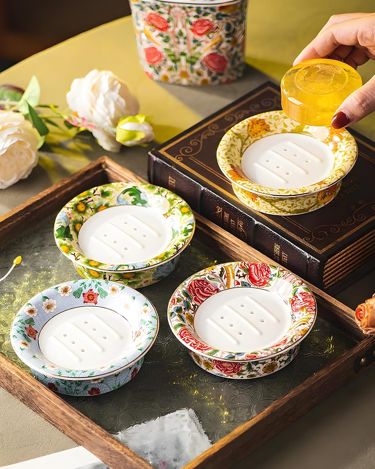 Decorative floral ceramic soap tray for bar soap / Crimson Reverie-soap Dish