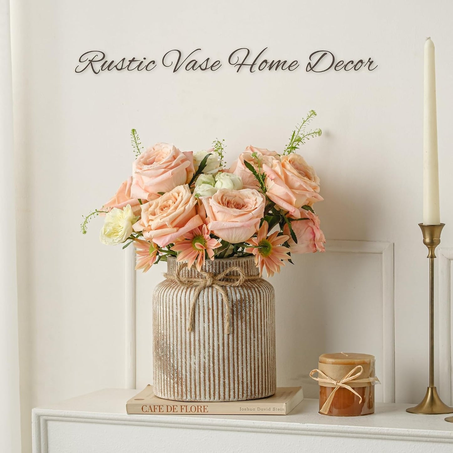 Rustic Ceramic Vase Farmhouse Flower Vase Decorative Ribbed Vases / Rusty / 7.2 Inch