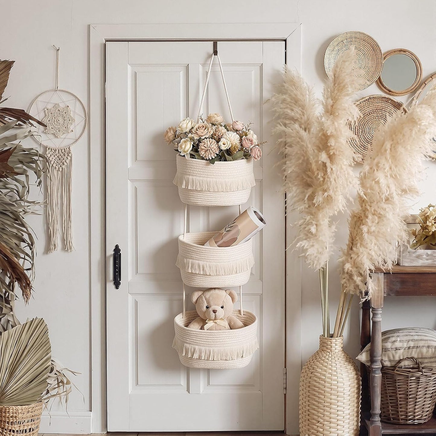 3-tier Tassel Hanging Basket Organizer / Neutral Color / Boho