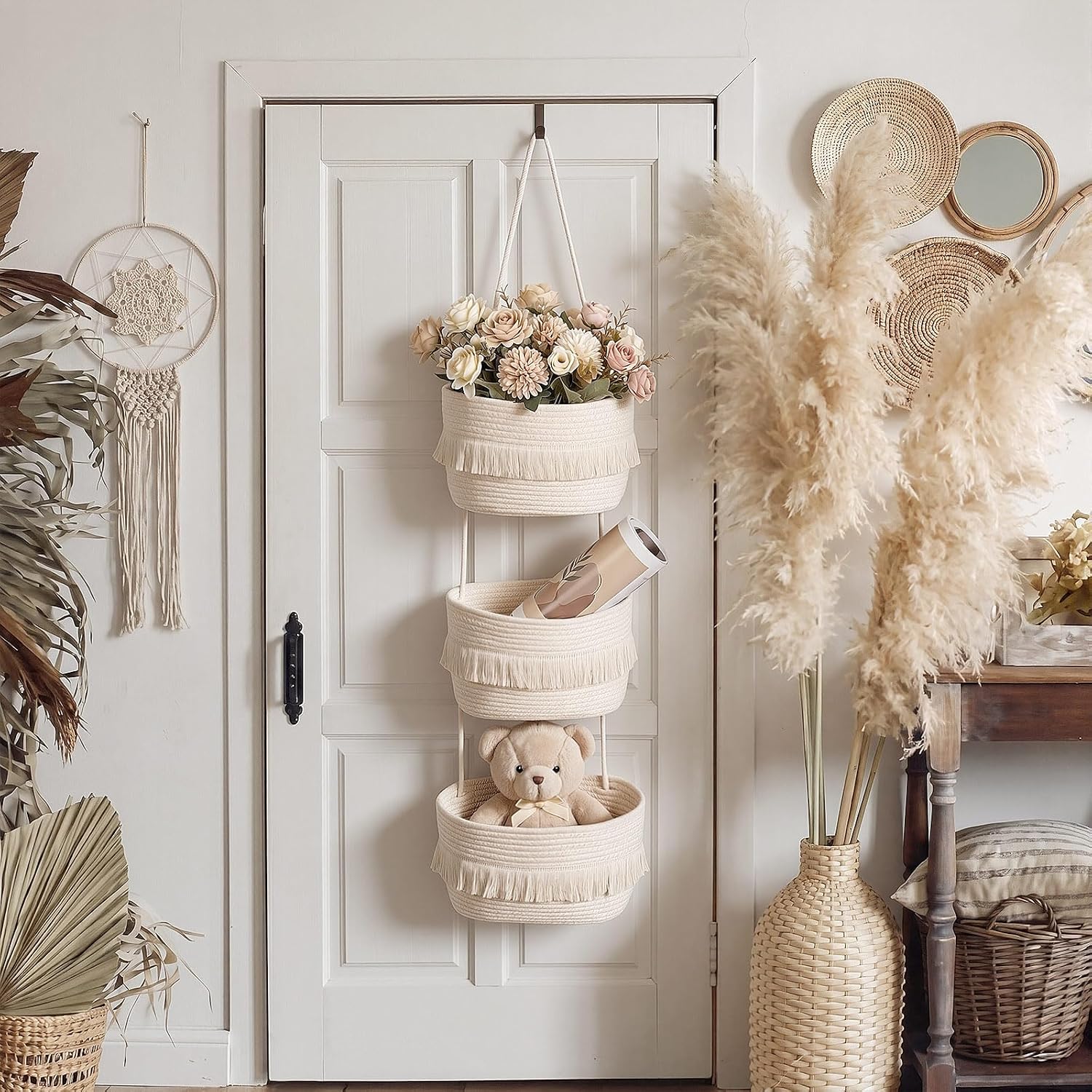 3-tier Tassel Hanging Basket Organizer / Neutral Color / Boho