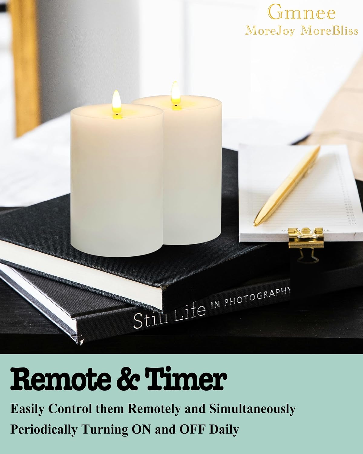 Gmnee 4"x6" Flickering Flameless Candles with Remote Timer, Real Wax, White | 2 Pack 4" Diameter Extra-Large Pillar