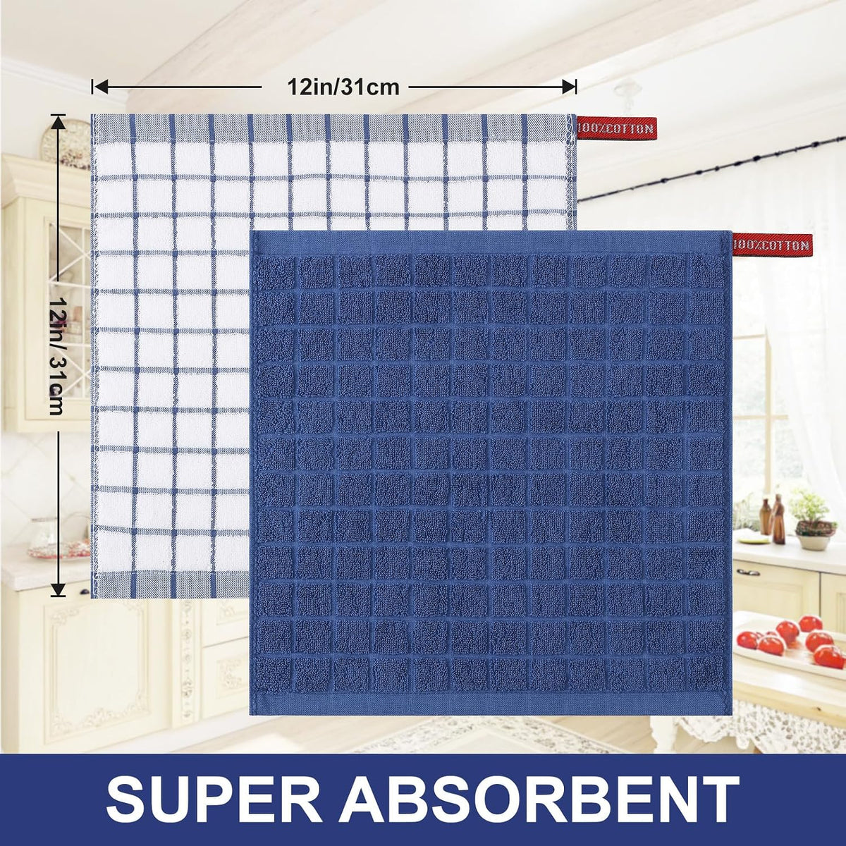 Homaxy Premium Cotton Kitchen Dish Cloths 12"x 12", 12 Pack, Navy Blue | Natural Ring Spun 390 GSM Dish Rags, Super