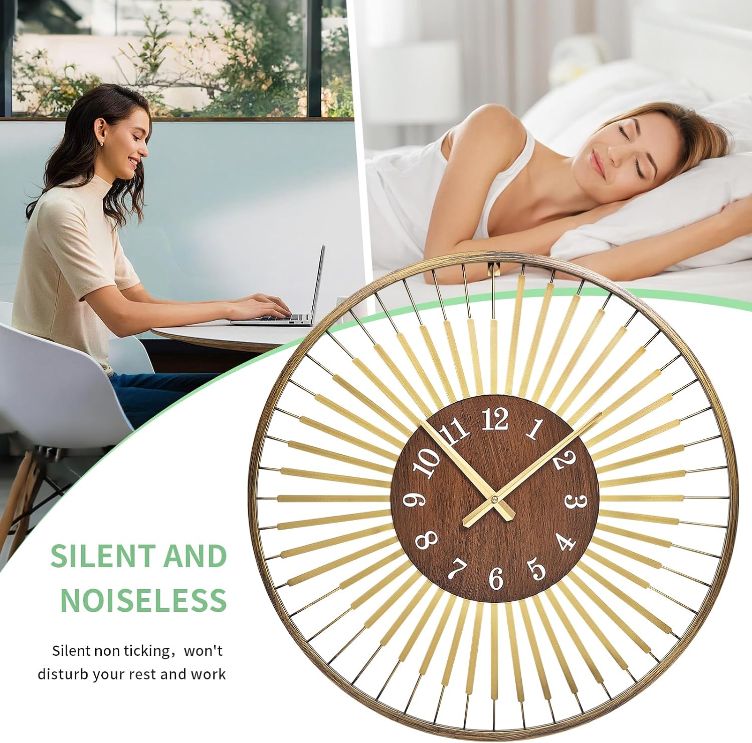 24 Inch Mid-Century Modern Wall Clock | round frame with walnut center, silent quartz clock, gold accents, decor wall