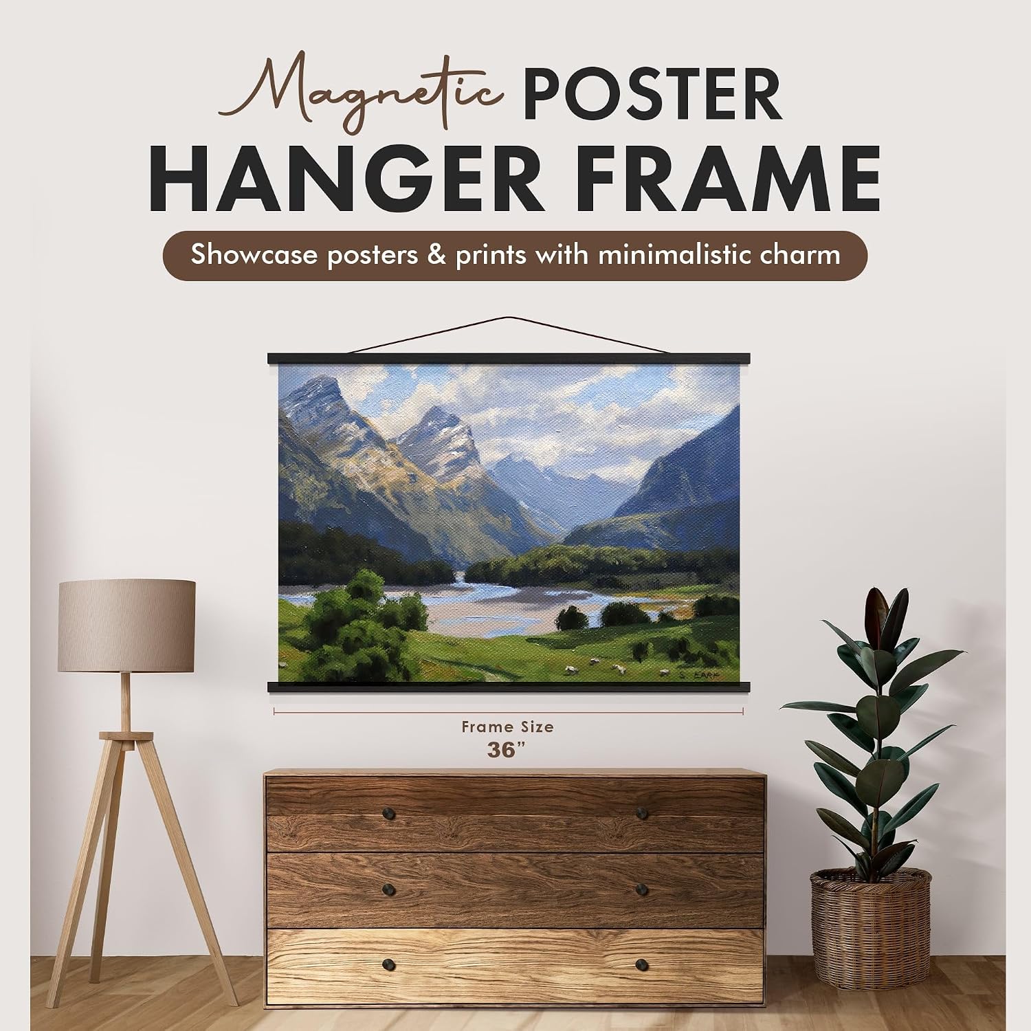 Magnetic Poster Hanger 36” Poster Frame with Strong Magnets, Complete Hanging Kit for Art, Maps, Pictures, and More