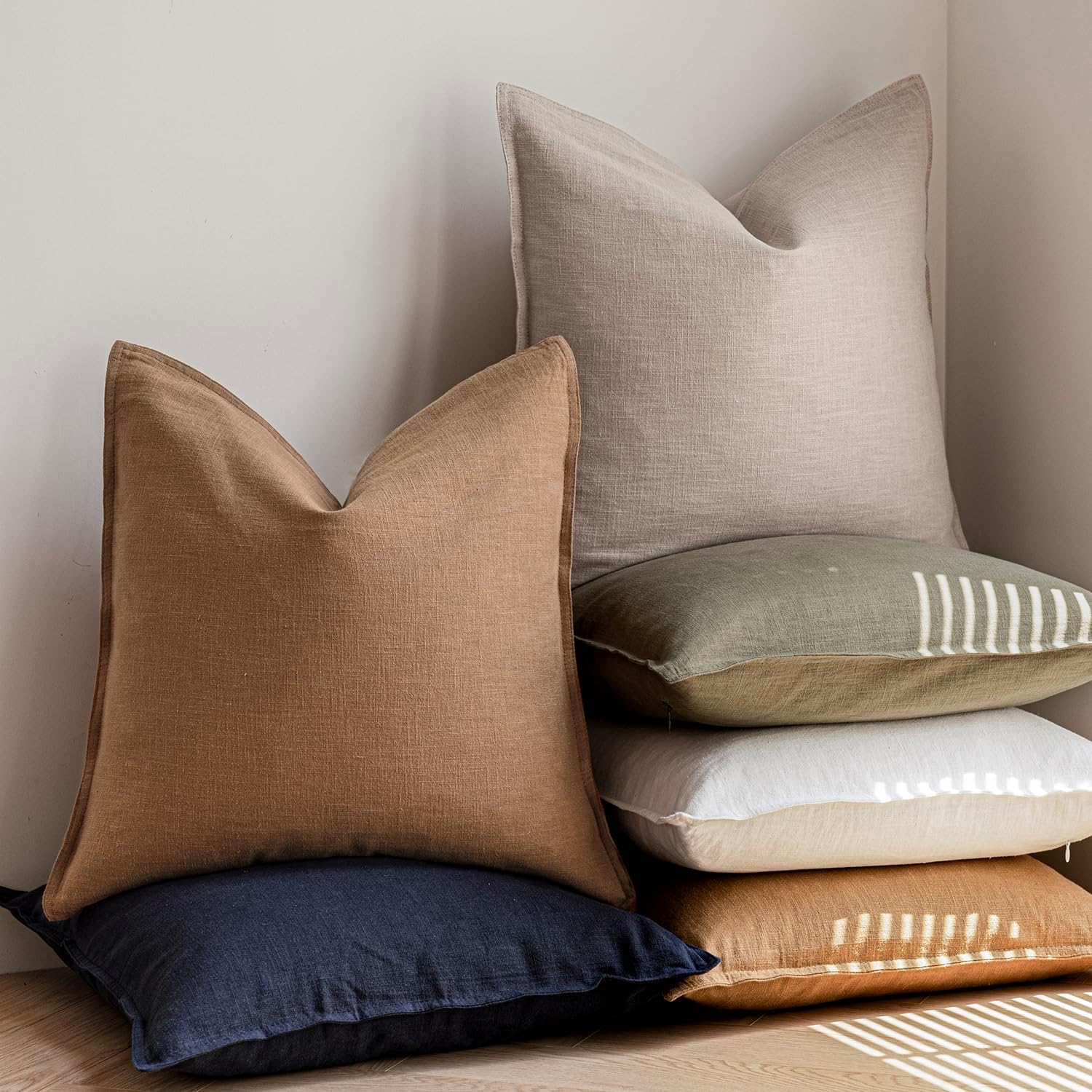 Decorative Linen Soild Throw Pillow Covers Soft Accent Cushion Case / 18 x 18 / Brick / Set of 2