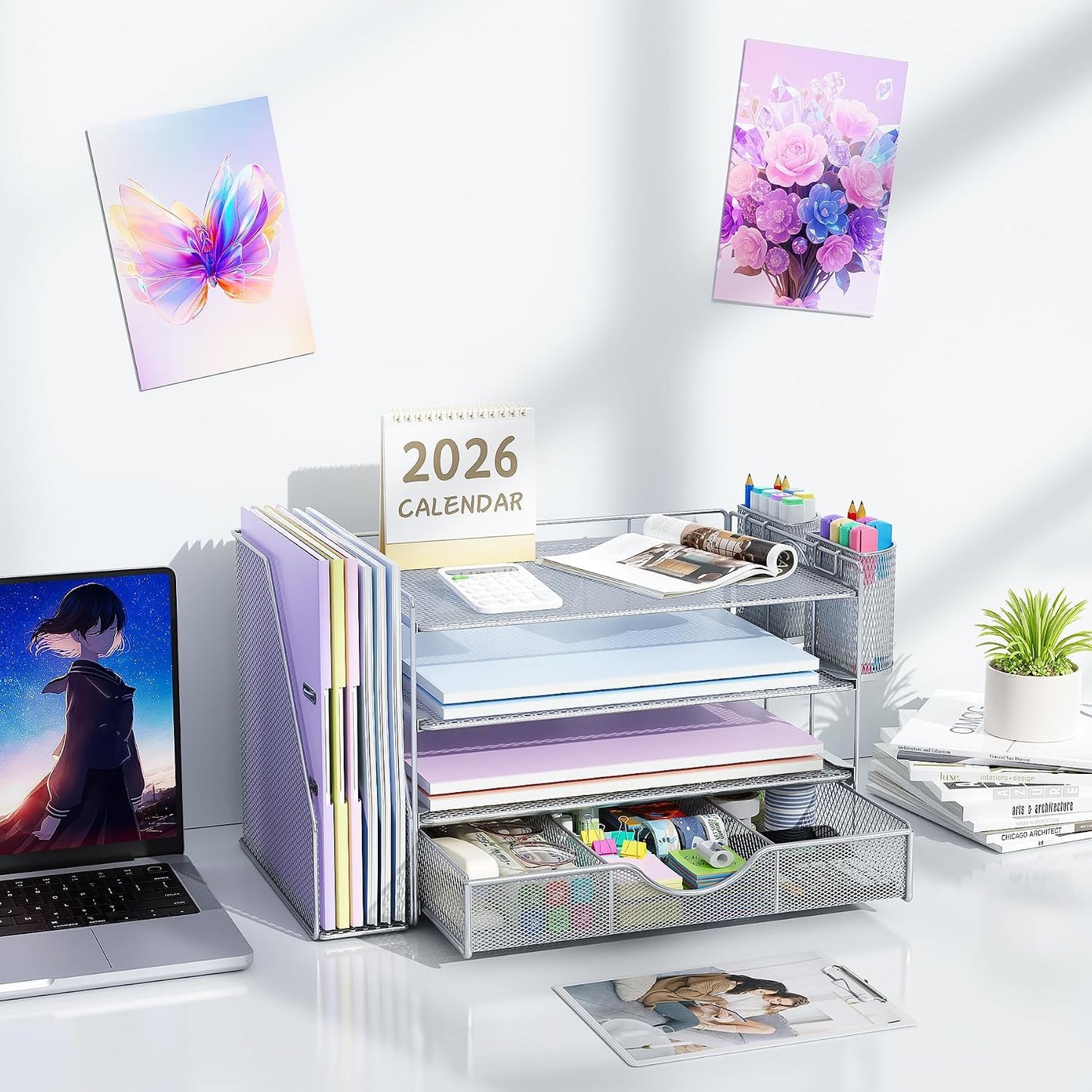 gianotter Desk Organizers and Accessories with File Holder, 4-Tier Desk Accessories & Workspace Organizers with Drawer