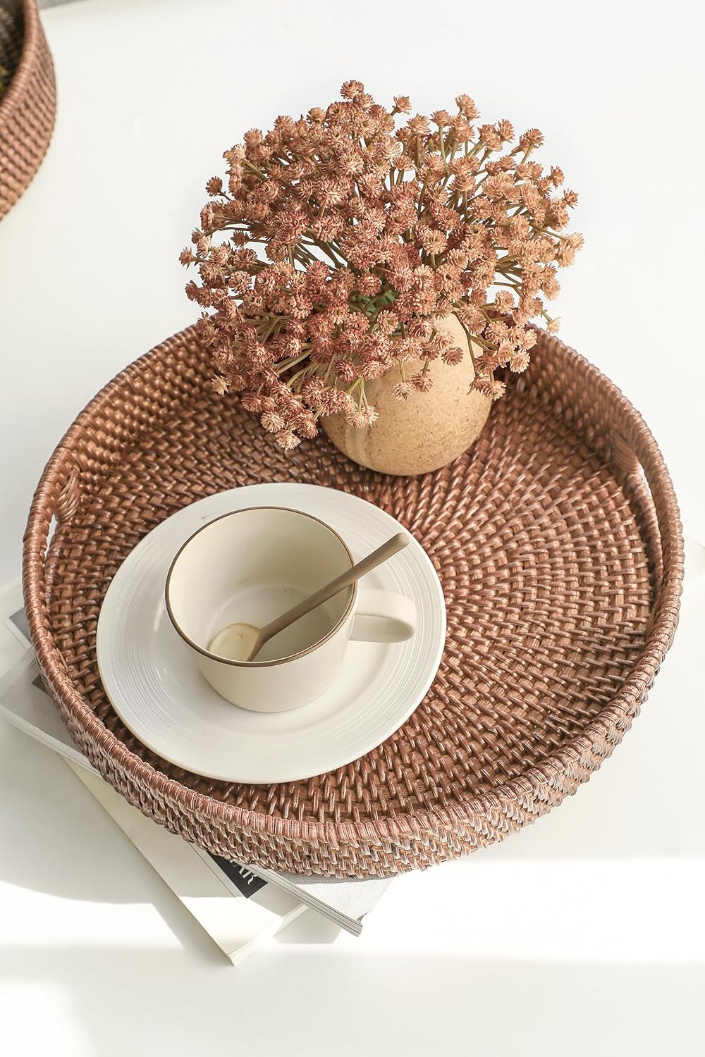 11.8" Hand-Woven Round Rattan Serving Tray Decorative Wicker Trays / 11.5 / Warm Brown