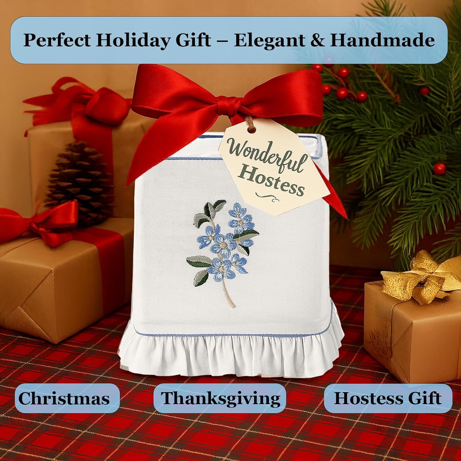 Embroidered White Cotton Tissue Box Cover / Blue Floral