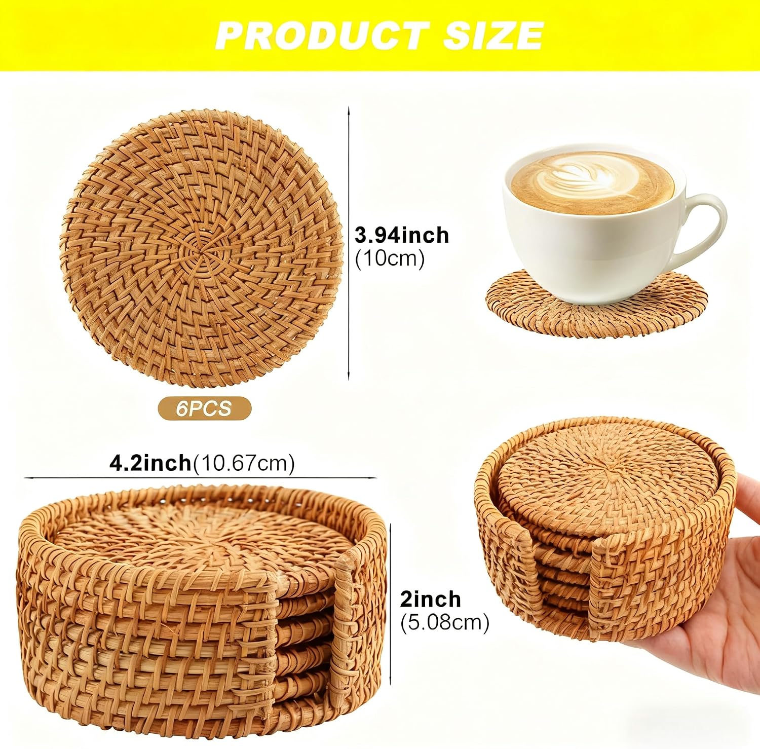 Holder｜ Wicker Drink Coasters Set for Protecting Table｜Boho Table / Natural / 4 Inch / Set of 6