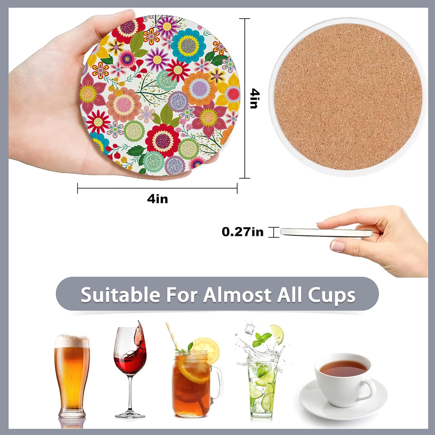 Holder / Coasters for Drinks / Retro Colorful Daisy Flowers 70s Hippie Floral / Set of 6