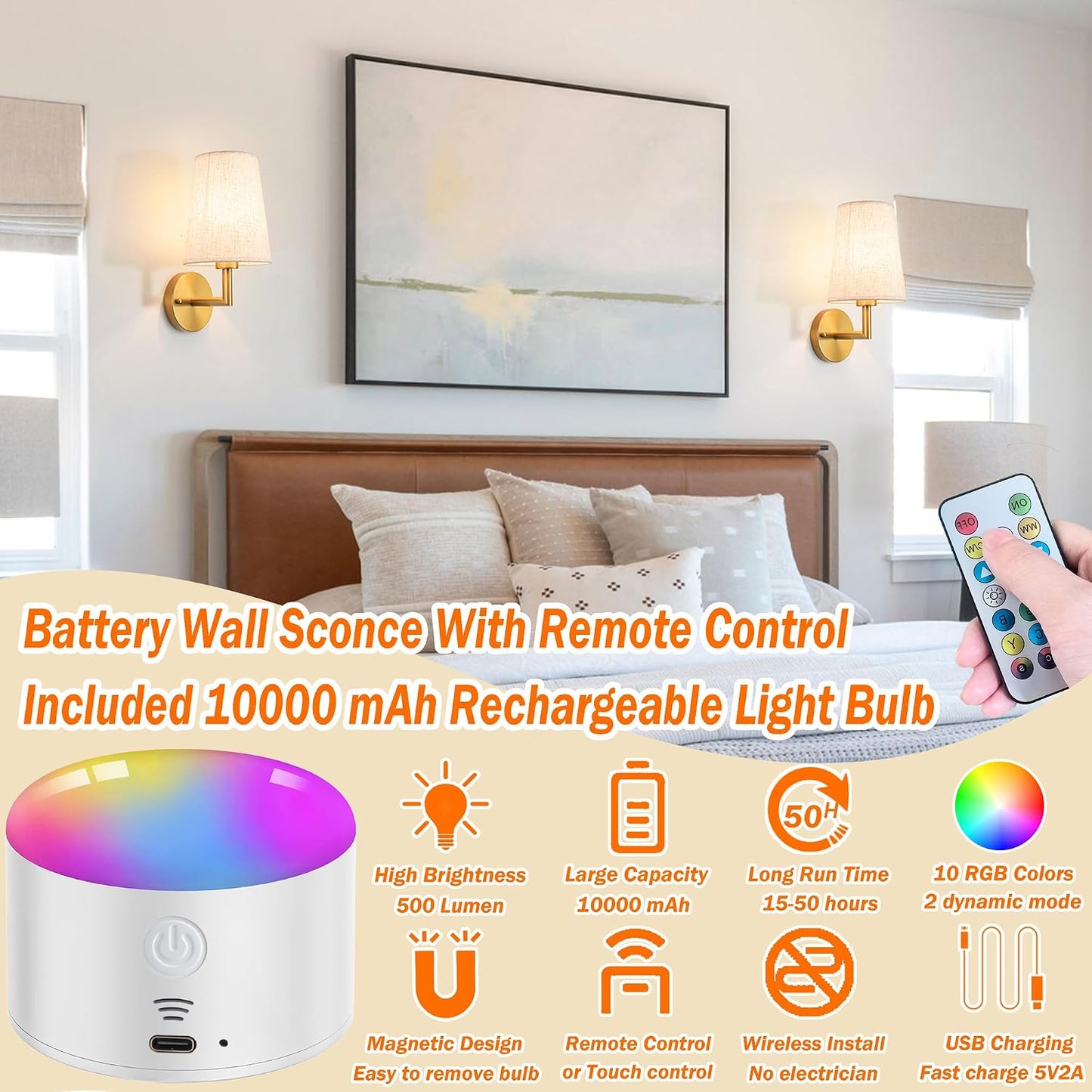 Wall Sconce Battery Operated Wall Light Fixure with Remote Control, Dimmable Battery Operated Wall Sconces Set Of Two