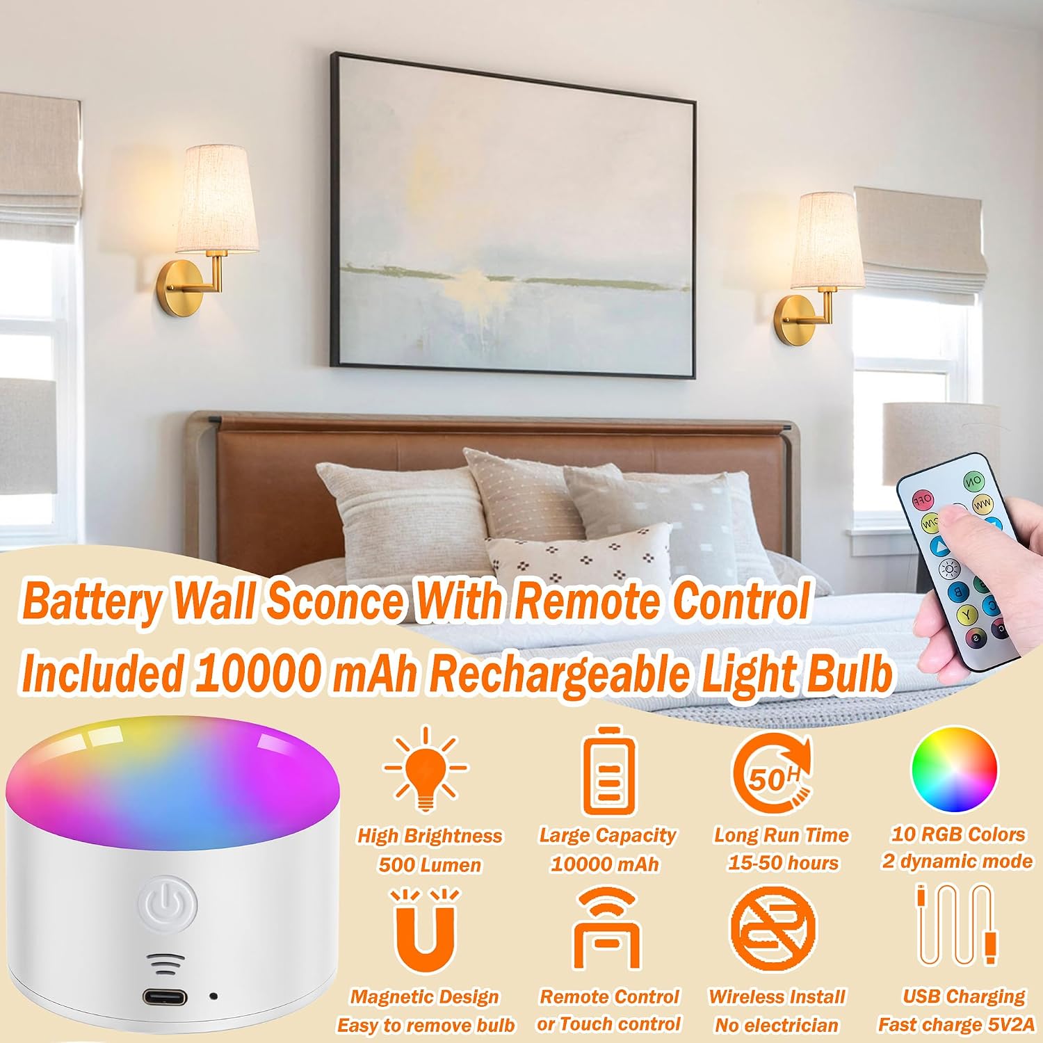 Wall Sconce Battery Operated Wall Light Fixure with Remote Control, Dimmable Battery Operated Wall Sconces Set Of Two