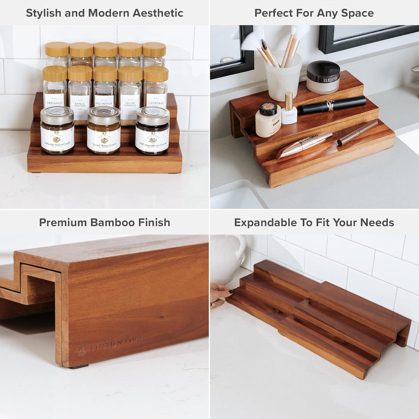 3-Tier Expandable Spice Rack Organizer, Acacia | Fits 36 spice jars, pantry storage, non-slip feet