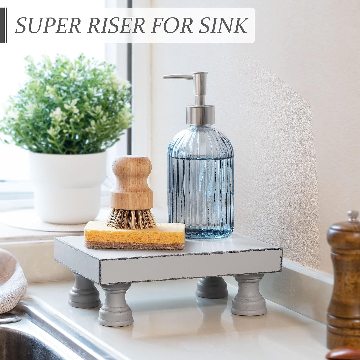 EOSAHR Wood Riser & Display Stand for Farmhouse Kitchen Storage, Gray | 8.5" Riser Stand, Kitchen Counter Accent, Soap