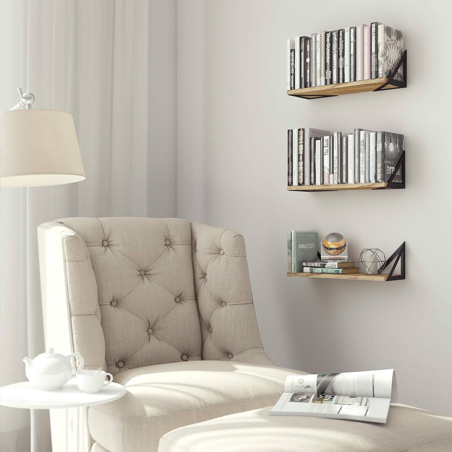 Wallniture Minori Floating Shelves Set of 3, Small Bookshelf Unit for Living Room, Office, and Bedroom, Natural Burned