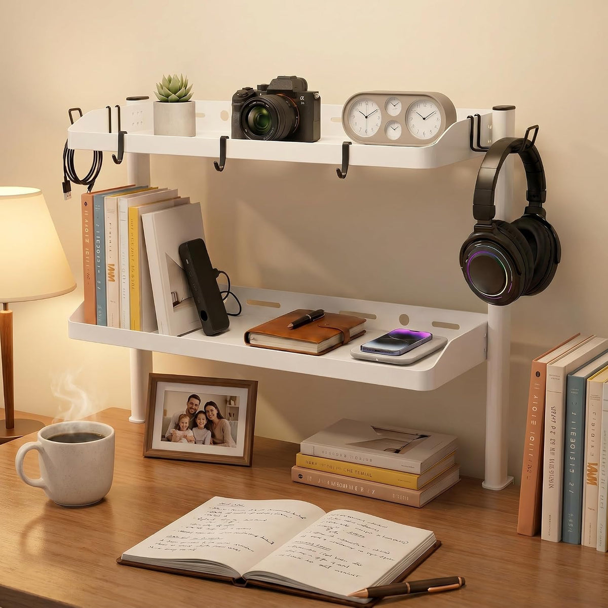 Clamp on Desk Shelf White, 2-Tier Office Desk Shelves Organizer, 17in Small Shelf for Top of Desk with Headphone