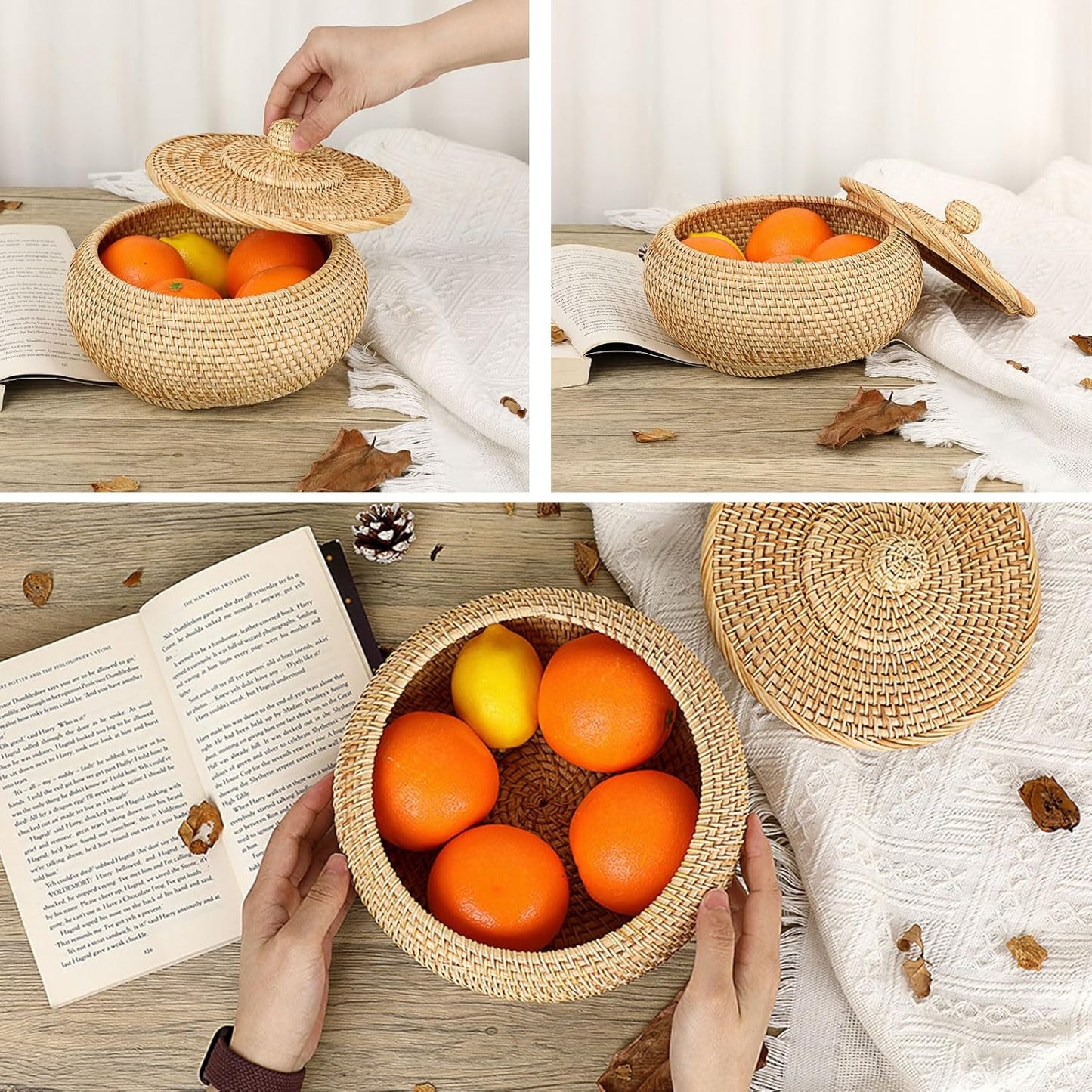 Round Rattan Basket Box / Small,7.9"d x 4.1"H / Natural Color