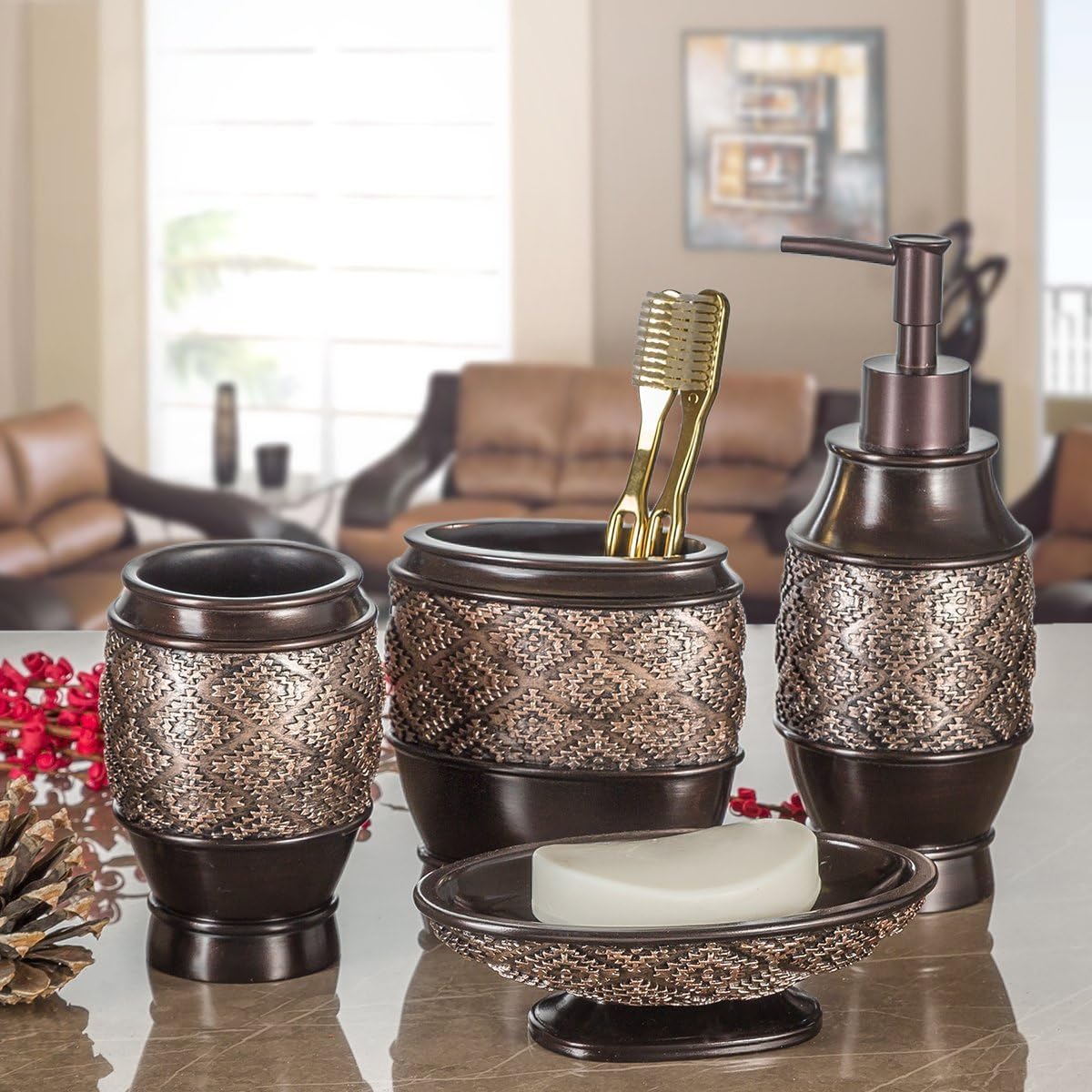 Creative Scents Dublin Brown 4 Piece Bathroom Accessory Set | Includes Soap Dispenser, Toothbrush Holder, Tumbler Cup &