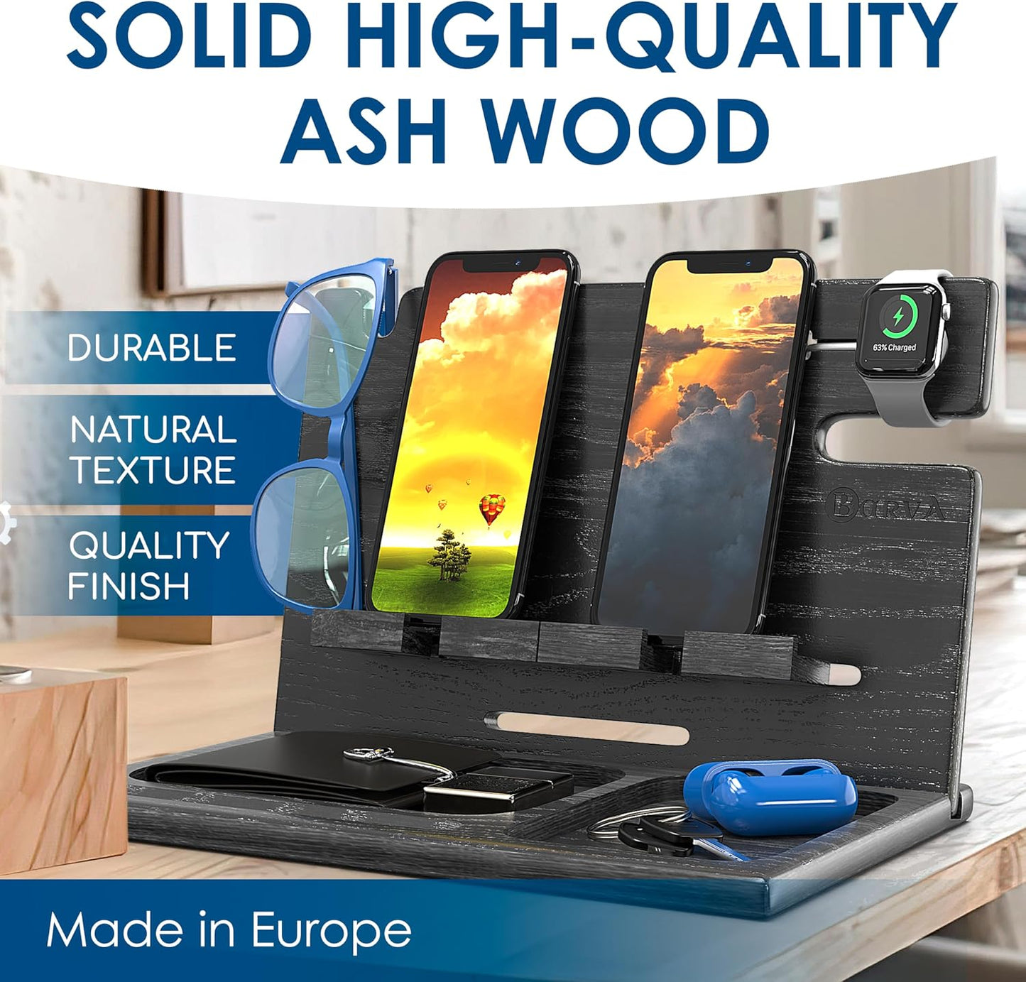 BarvA Two Phone Docking Station | Night Stand Desk Organizer | Wood Nightstand Organizer | Tablet Smart Watch Earbuds