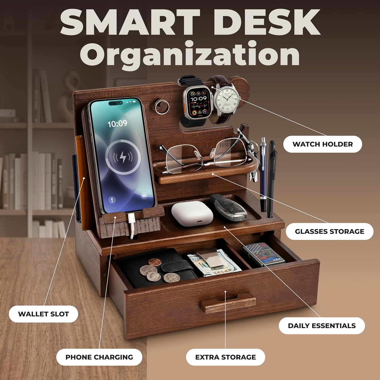 TESLYAR Wood Phone Docking Station with Drawer - Nightstand Organizer - Desk Organizer for Husband - Birthday Gifts for