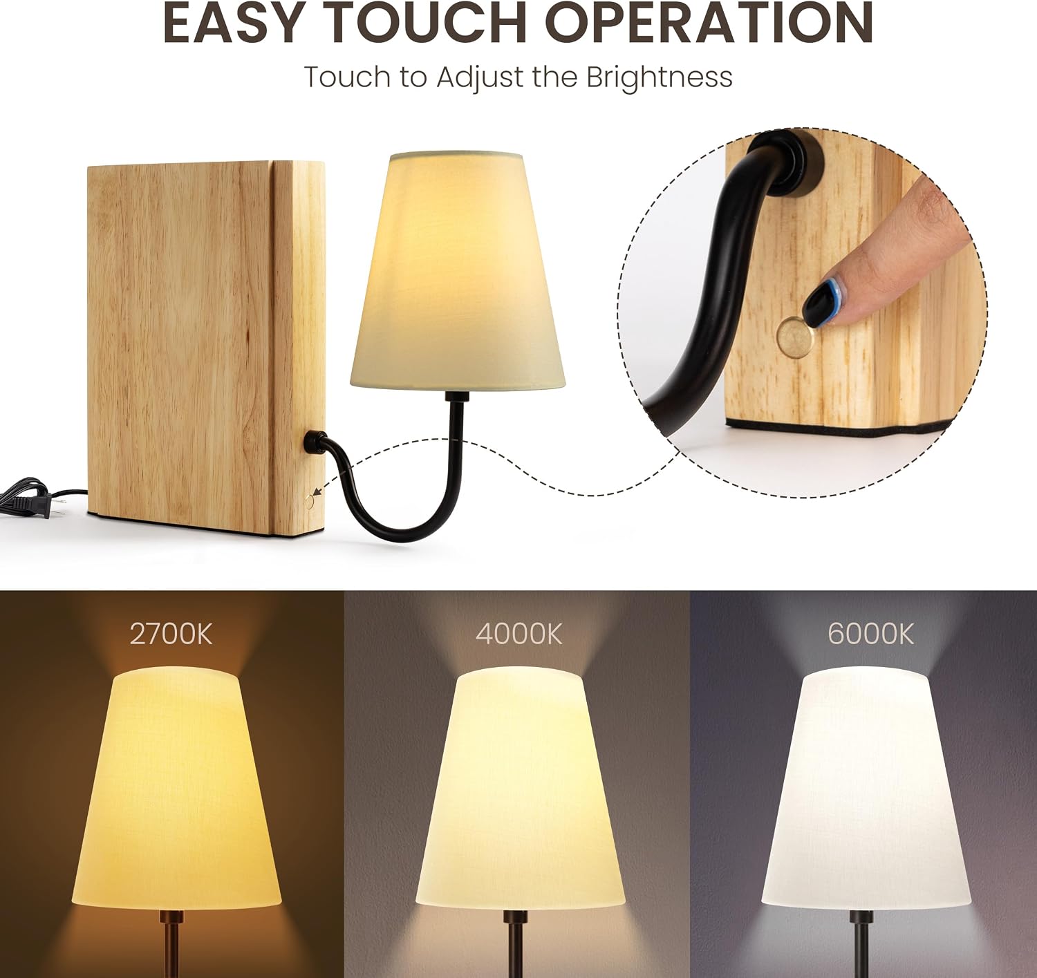 Solid Wood Bookshelf Lamp with Bulb, 3-Color Touch Control Dimmable Table Lamp with Linen Shade, Modern Decorative