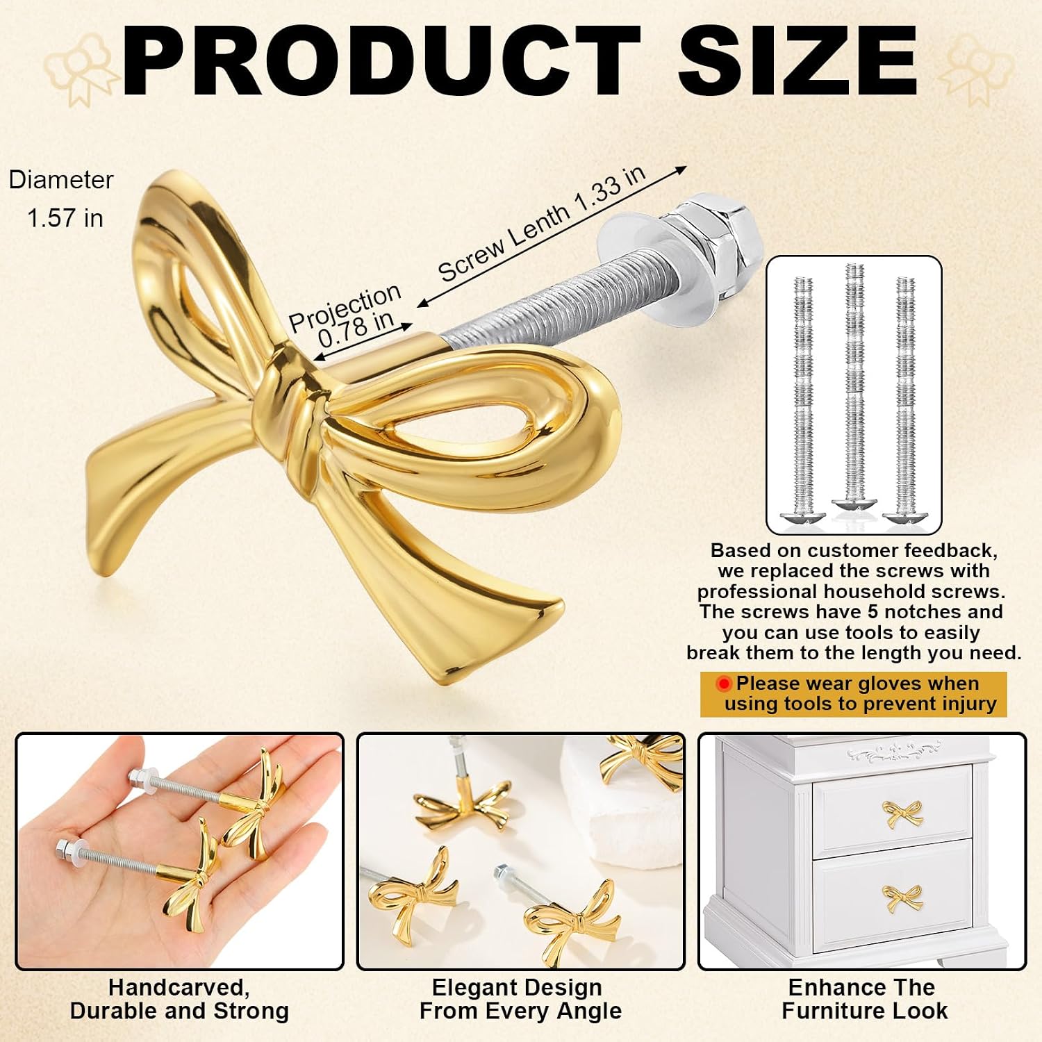 Bow Drawer Knobs Brass Bow Knobs for Dresser Decorative Brass Drawer / Small Size / Gold / Set of 8