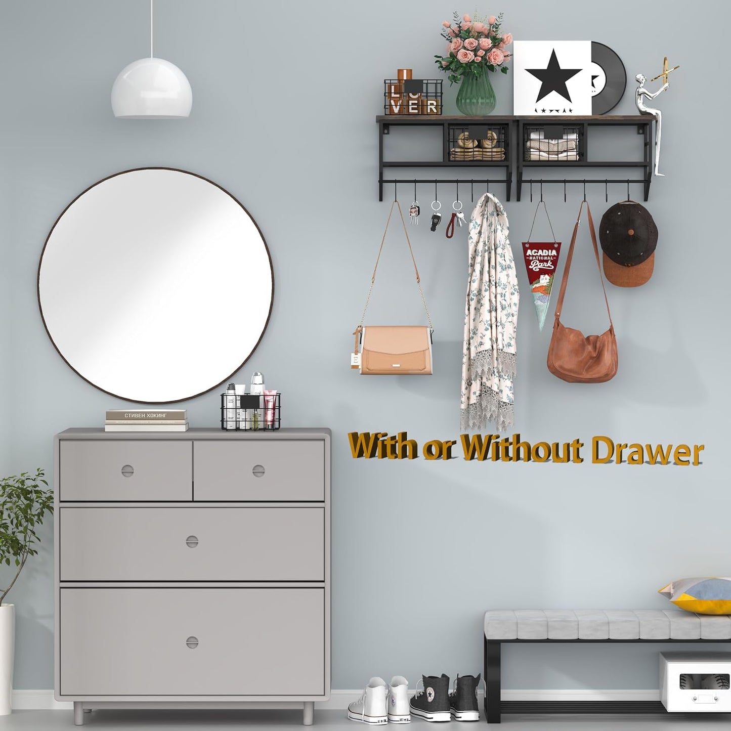 Helsin Industrial Wall Mounted Metal Wood Floating Shelves with Baskets Hooks Hanging Display Shelf Sundries Holder for