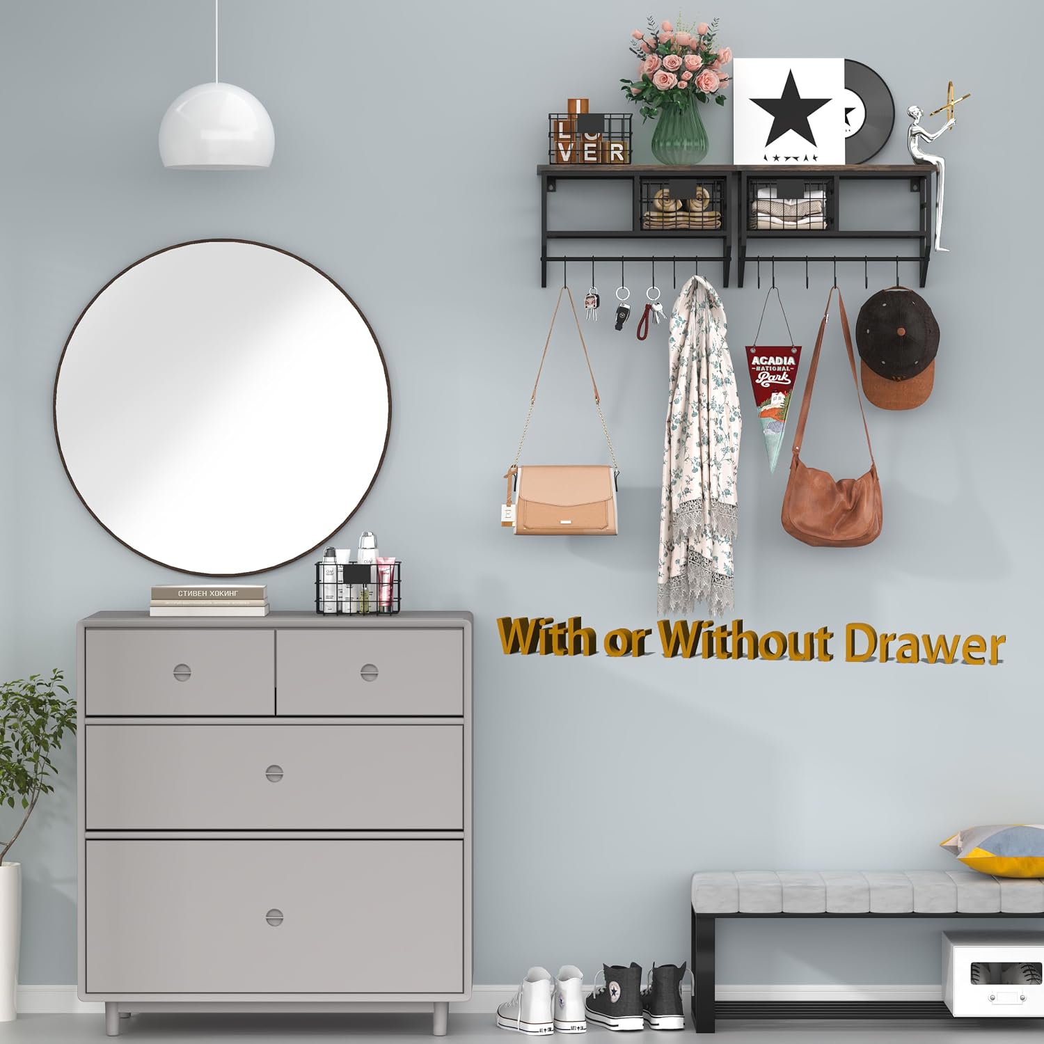 Helsin Industrial Wall Mounted Metal Wood Floating Shelves with Baskets Hooks Hanging Display Shelf Sundries Holder for