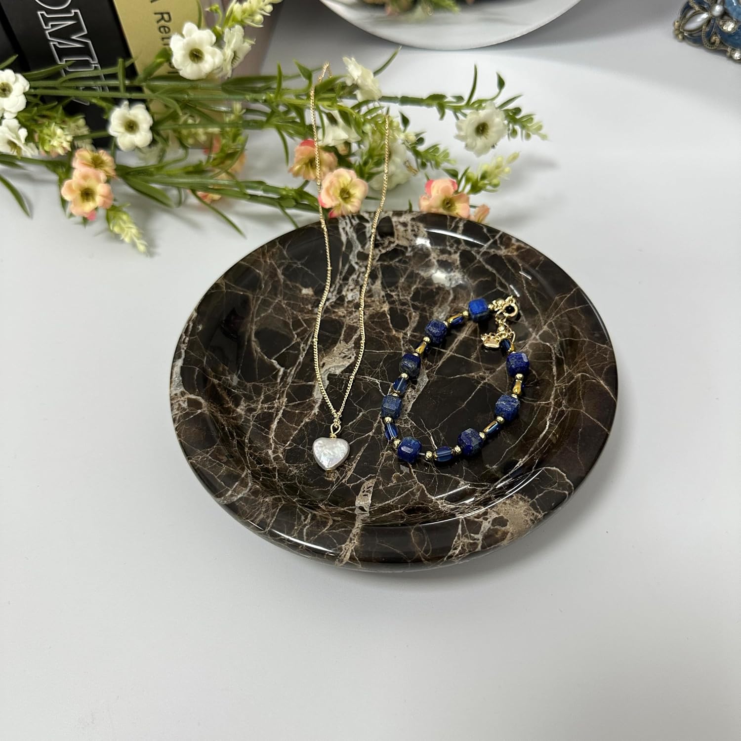 Marble Tray / Dark Brown Round Marble Vanity Tray / Emperador Dark / Natural