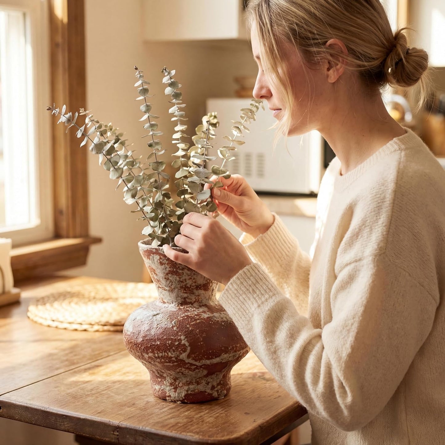 Rustic Ceramic Flower Vase / Dark Brown and White