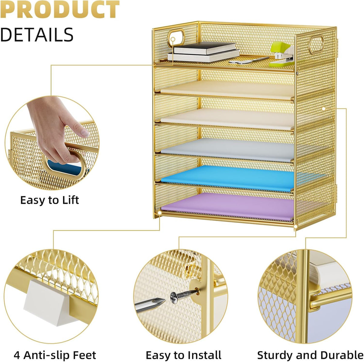 Marbrasse Paper Letter Tray Organizer - 6 Tier Mesh File Organizer with Handle, Paper Sorter Organizer for Letter/A4