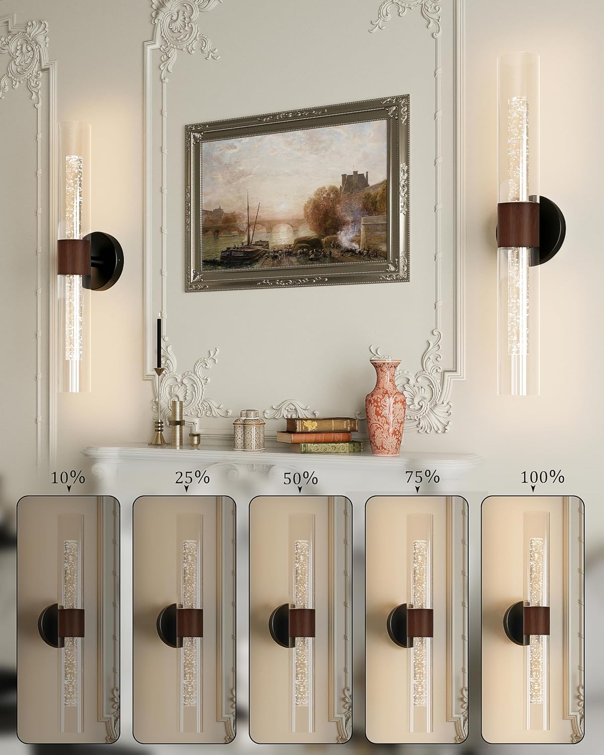 Black Walnut Wall Sconces Battery Operated with Remote, 21.5 Inch 3CCT | Rechargeable Wall Sconce with Timer, Dimmable