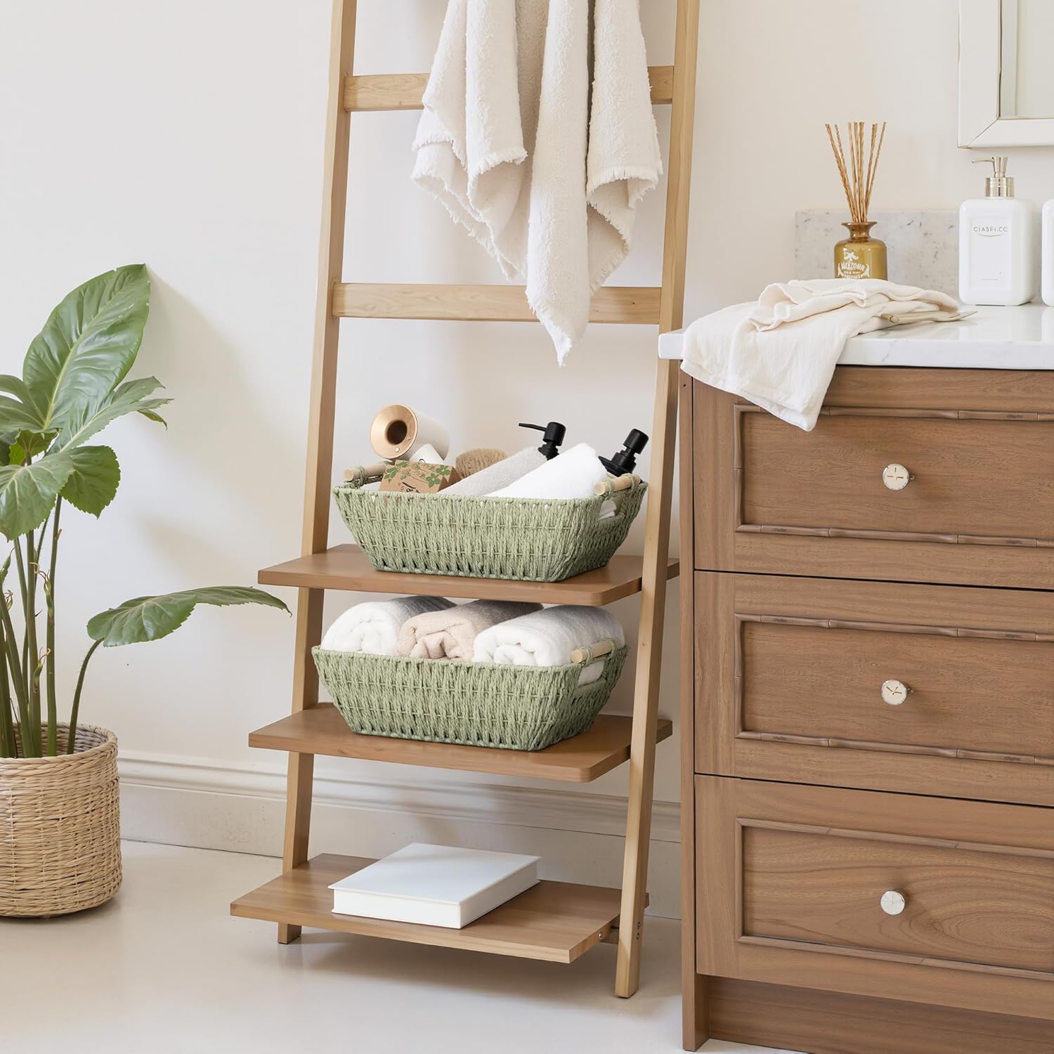 Large Wicker Storage Basket for Organizing / Bosana Green / Medium